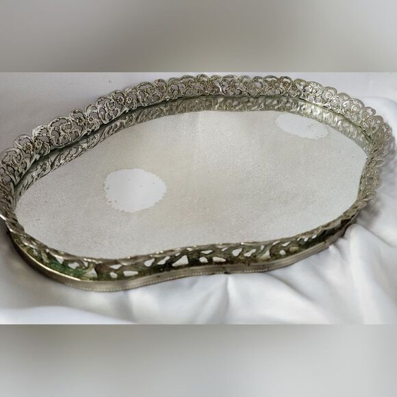 Vintage Ornate Metal Art Deco Vanity Mirrored Tray - Picture 9 of 12